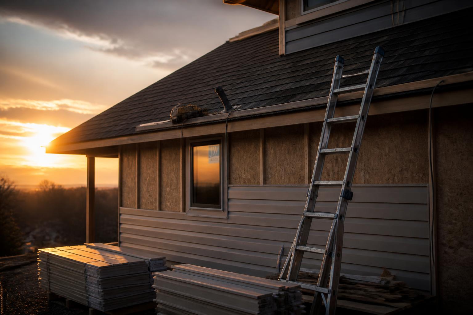 Residential siding and roofing job site at golden hour