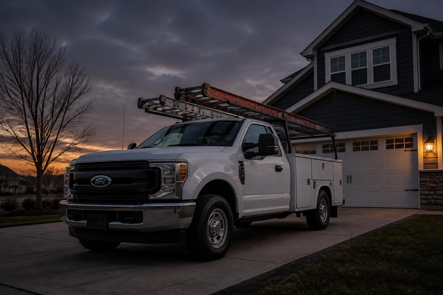 Contractor service truck with a ladder rack parked in a driveway at dusk