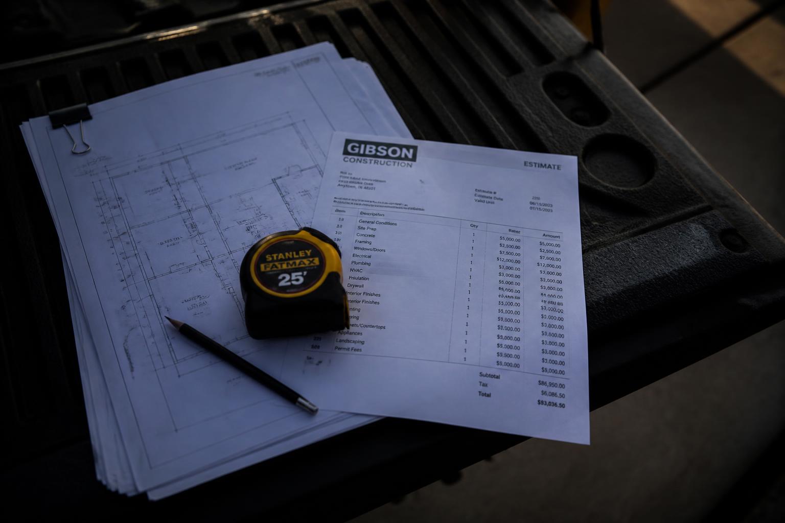 Blueprints, an estimate and a tape measure laid out on a truck tailgate