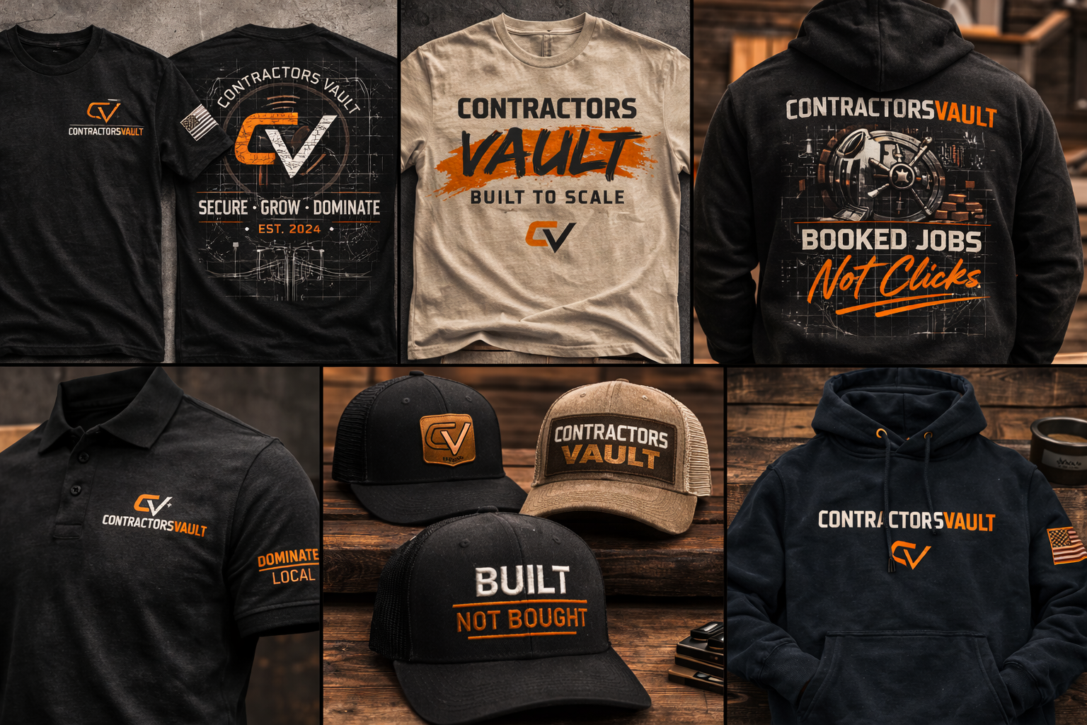 ContractorsVault Supply workwear collection with bold contractor branding